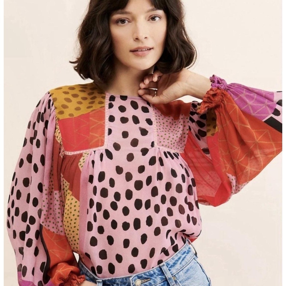 Blank London Blouse Women M Patchwork Balloon Sleeve Boho Mixed Print Top Hippie